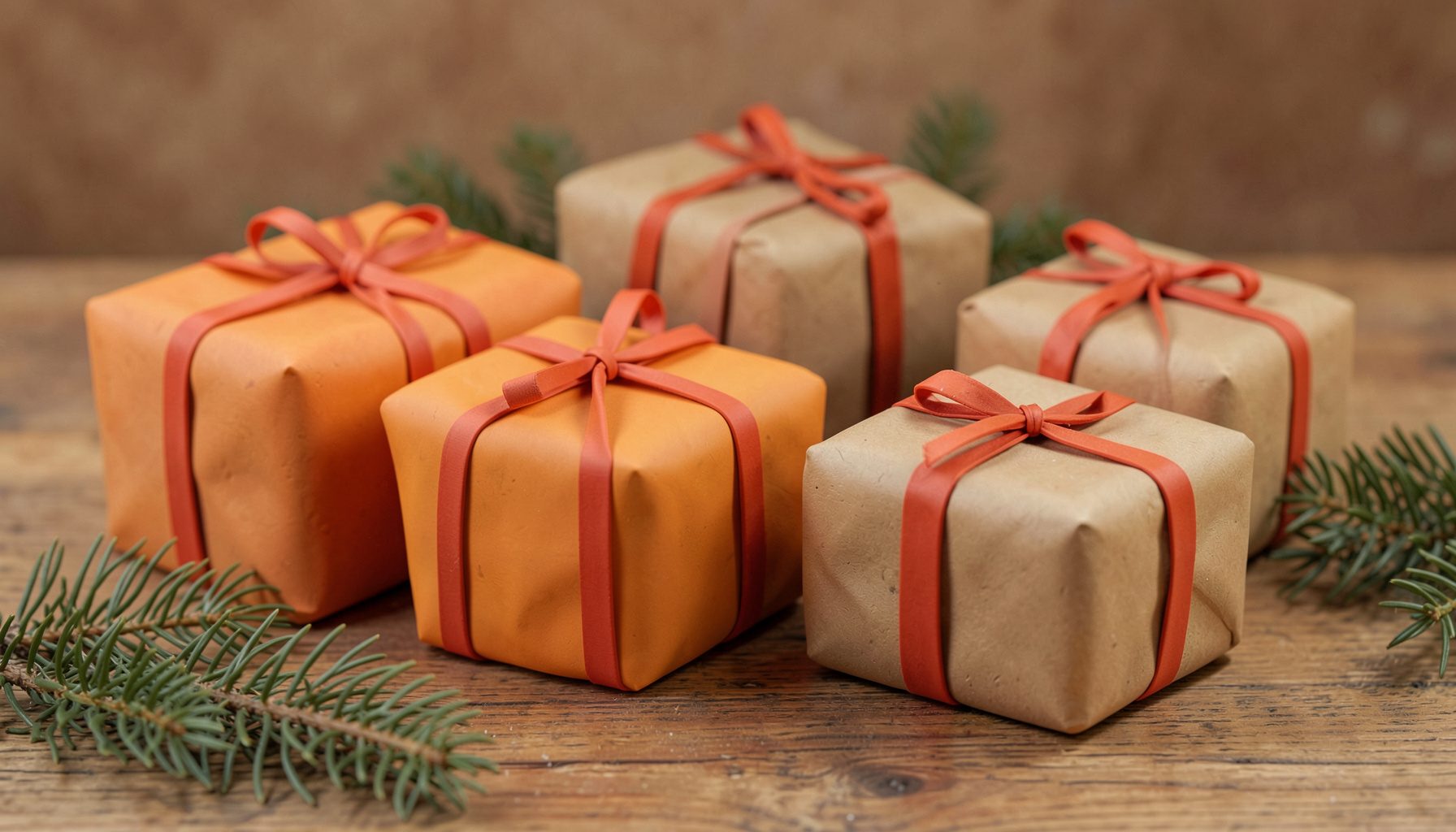 Varios paquetes de regalo envueltos en papel kraft con lazos rojos, con ramitas de abeto sobre una mesa de madera cálida, atmósfera navideña acogedora.