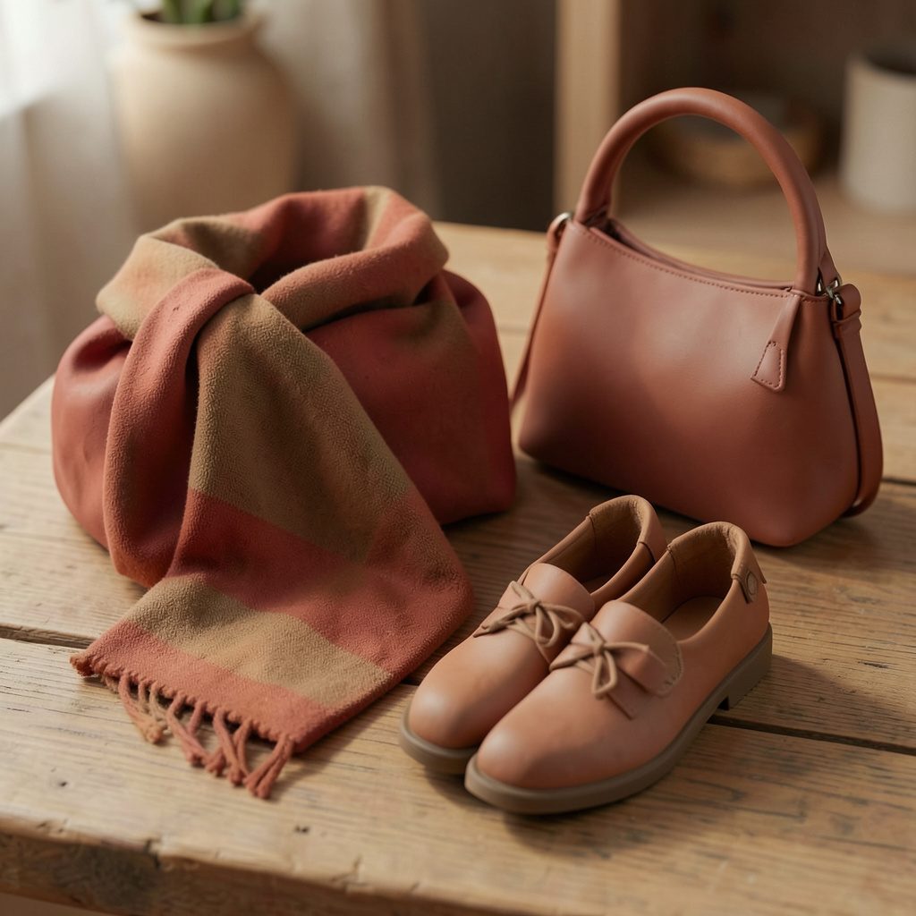 Composición de accesorios otoñales en tonos cálidos, bufanda, bolso y zapatos, sobre una superficie de madera con luz suave