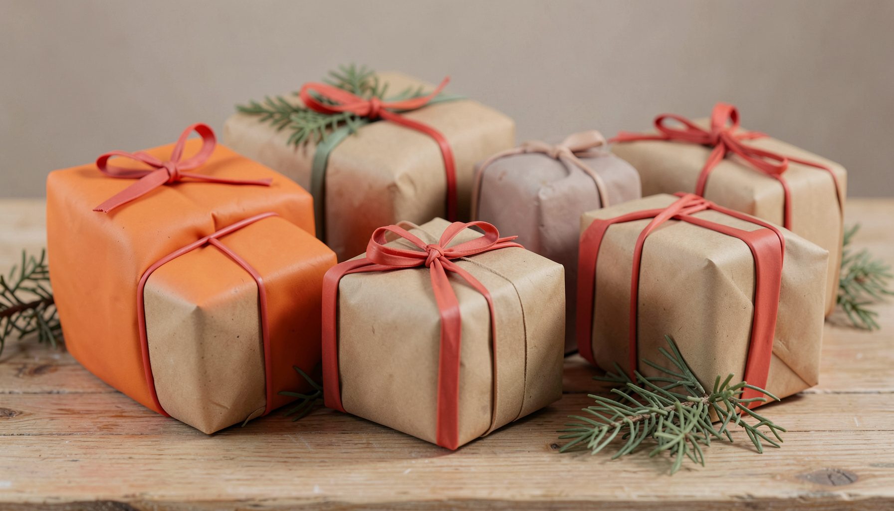 Varios paquetes de regalo envueltos en papel kraft y lazos rojos, con detalles de ramitas de abeto, sobre una mesa de madera.