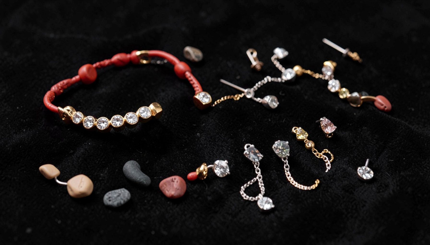 Accesorios brillantes — collares, pulseras y pendientes con pedrería dorada y plateada sobre terciopelo negro.