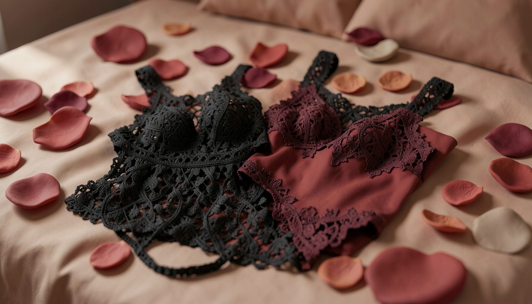 Conjunto de lencería en encaje negro y tonos burdeos sobre una cama con pétalos, atmósfera íntima y sofisticada.
