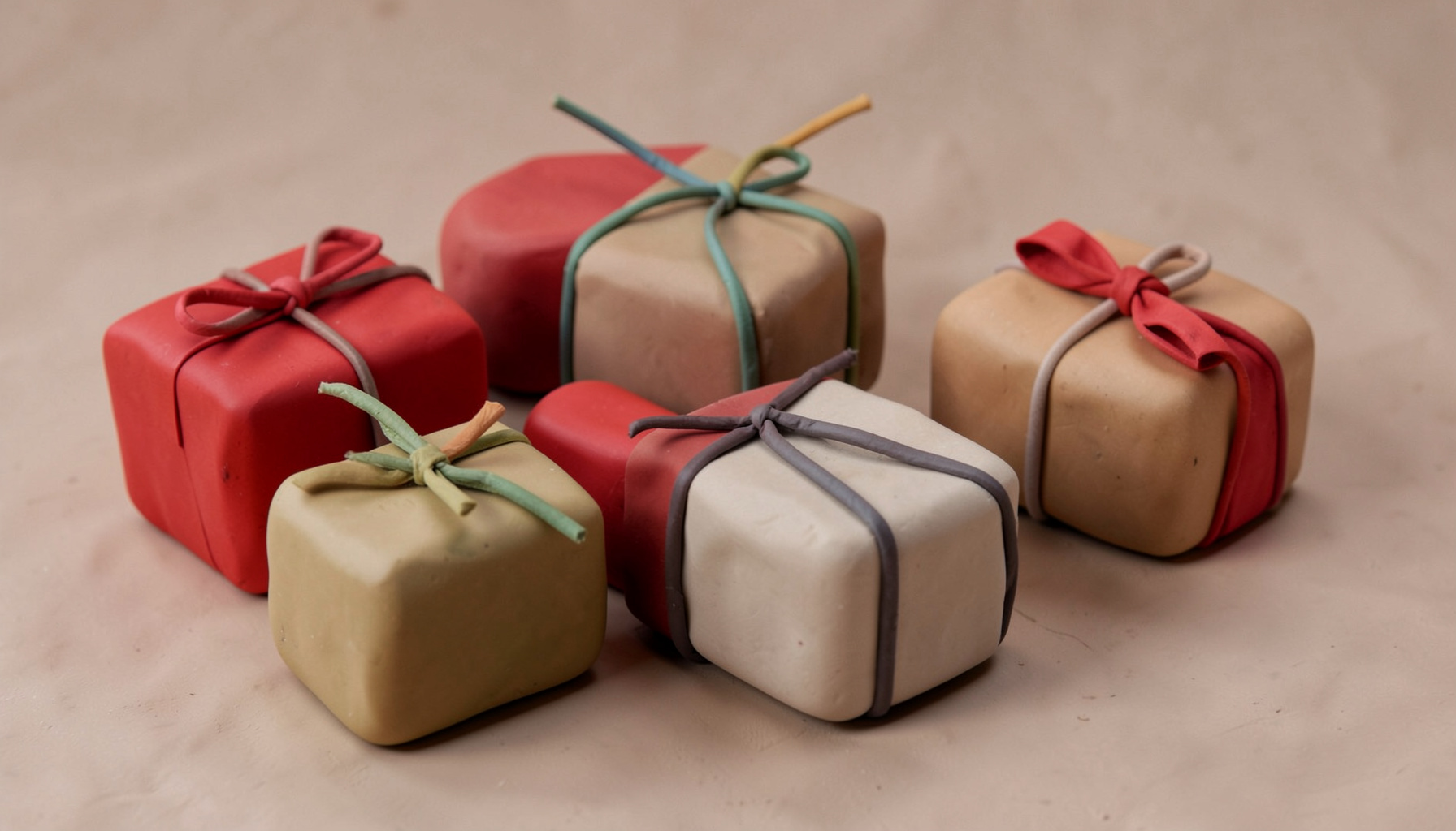 Varios paquetes de regalo envueltos en papel craft con lazos de colores sobre una superficie de arcilla suave, formas redondeadas.