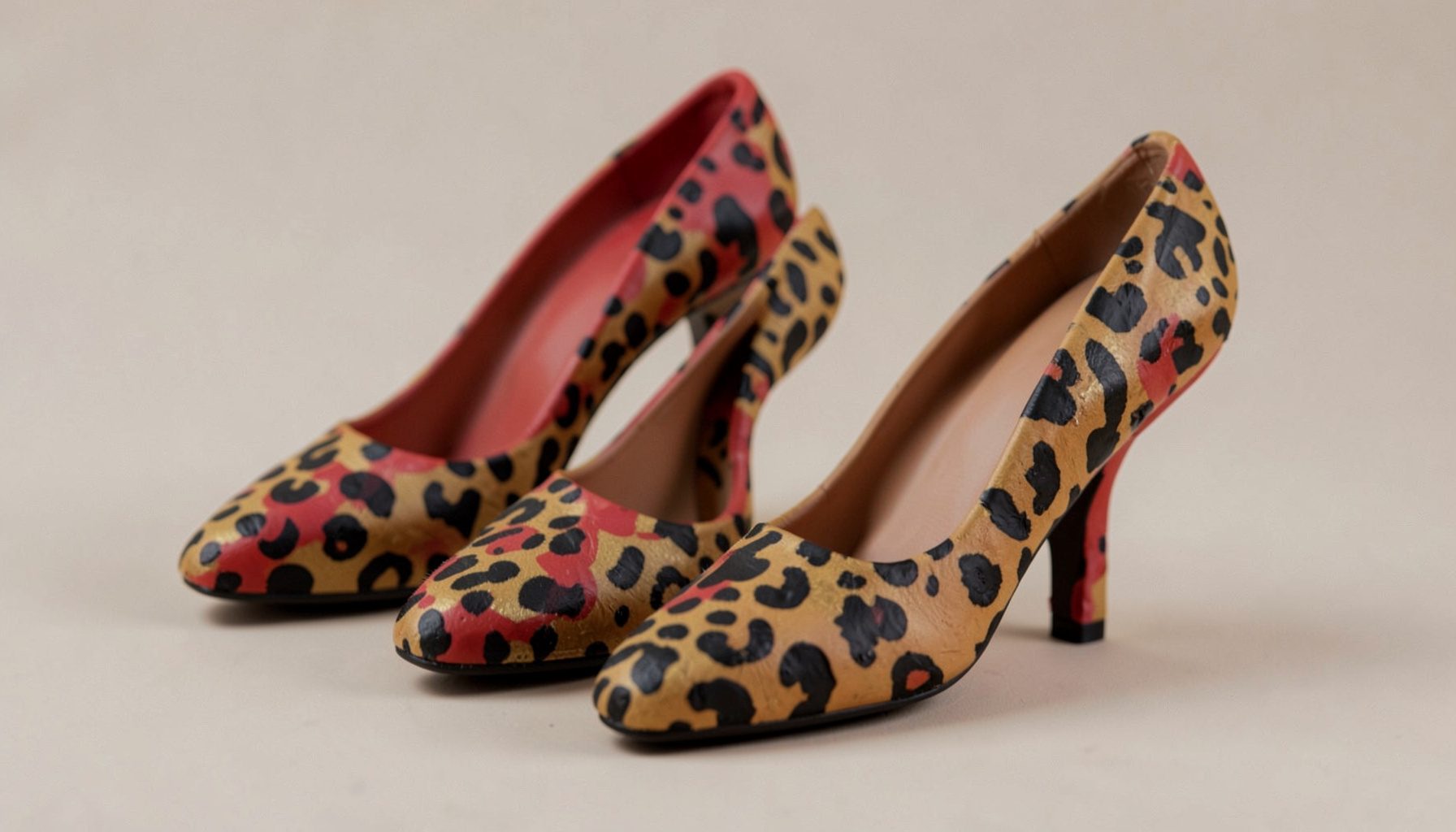 Primer plano de unos stilettos con estampado de leopardo sobre fondo neutro, en tonos marrones, negros y dorados