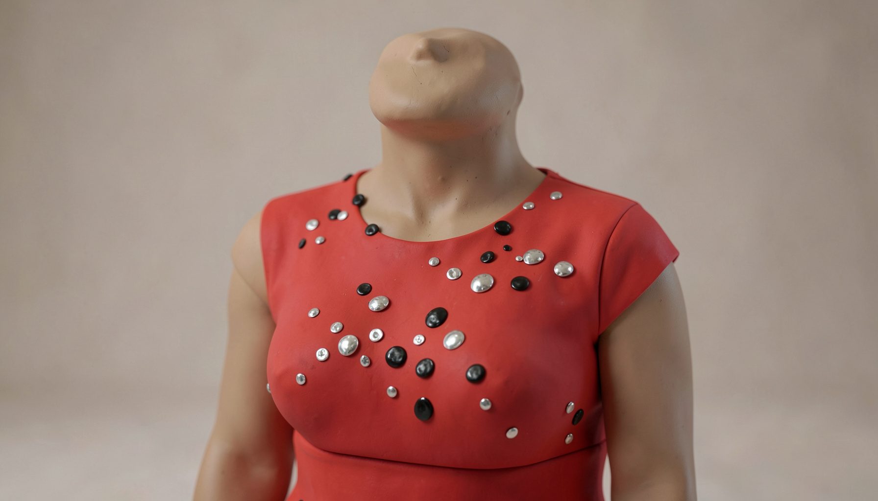 Prenda con lentejuelas plateadas y negras sobre un maniquí, con reflejos que capturan la luz de forma festiva.