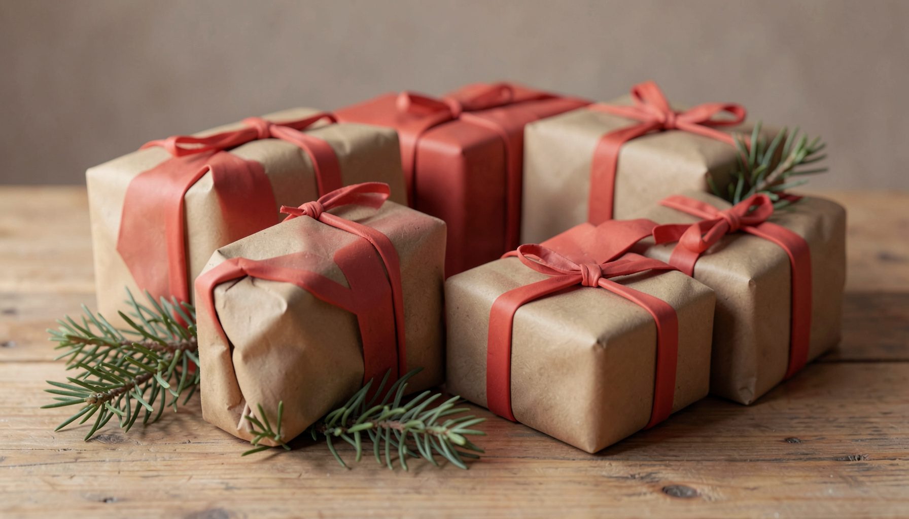 Varios paquetes de regalo envueltos en papel kraft y lazos rojos, con detalles de ramitas de abeto, sobre una mesa de madera.