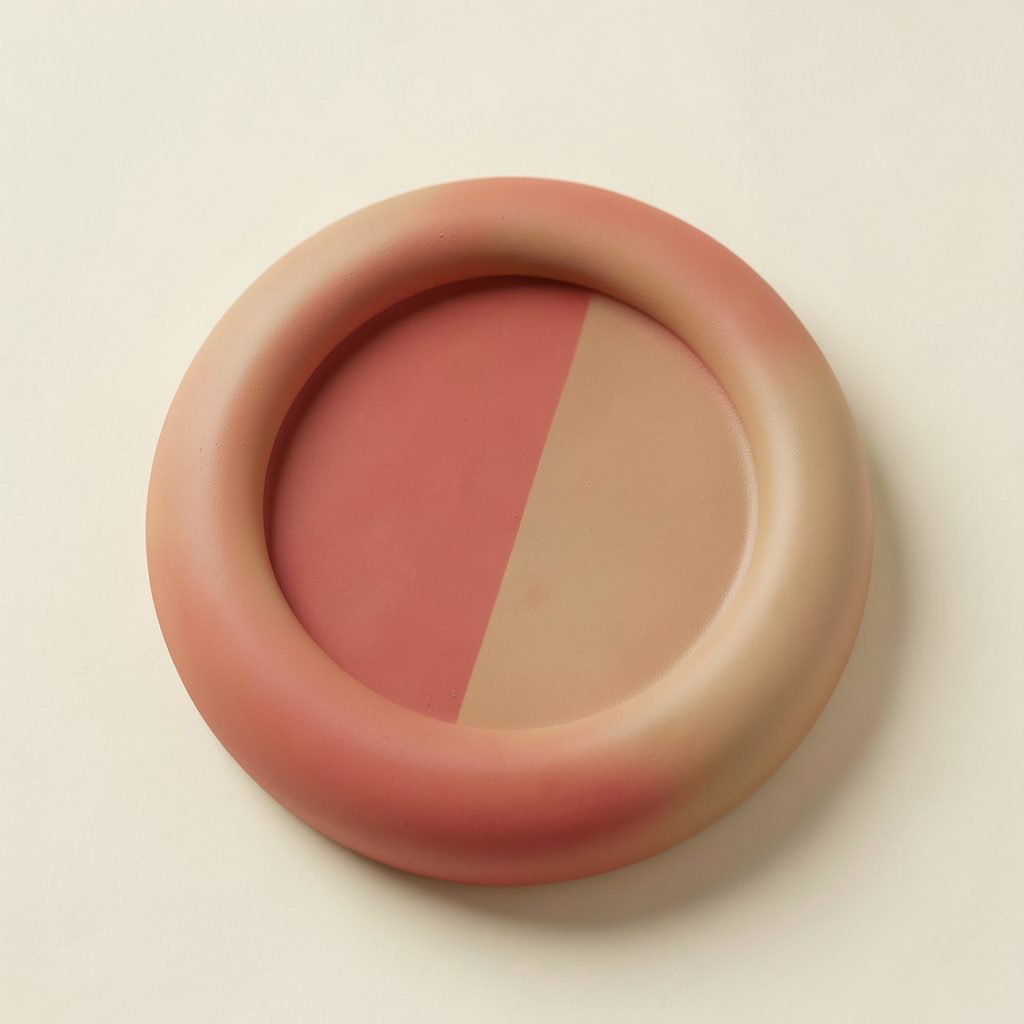 Polvera compacta redonda de maquillaje en tonos beige y dorado sobre fondo suave color crema, con bordes redondeados