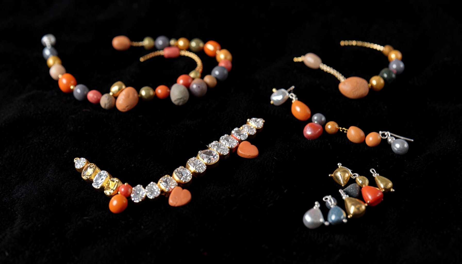 Accesorios brillantes — collares, pulseras y pendientes con pedrería dorada y plateada sobre terciopelo negro.