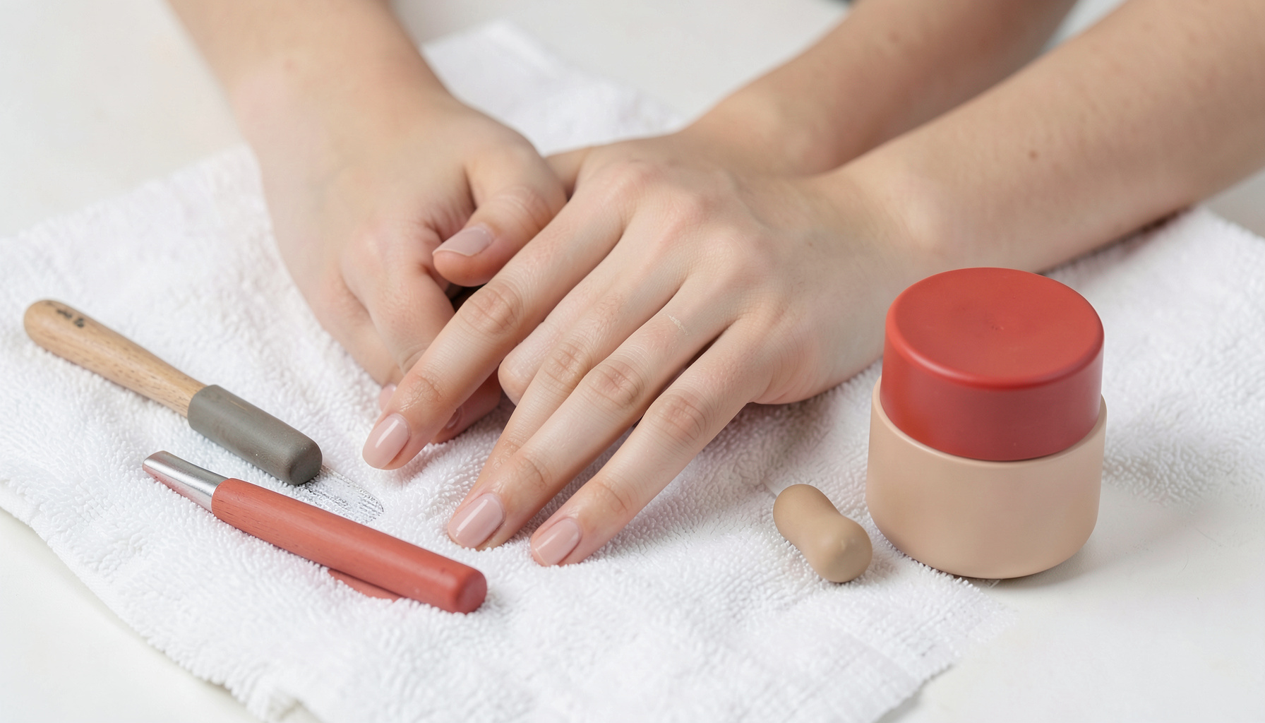 Manos cuidadas con esmalte nude sobre una toalla blanca, junto a una lima y un bote de crema hidratante.