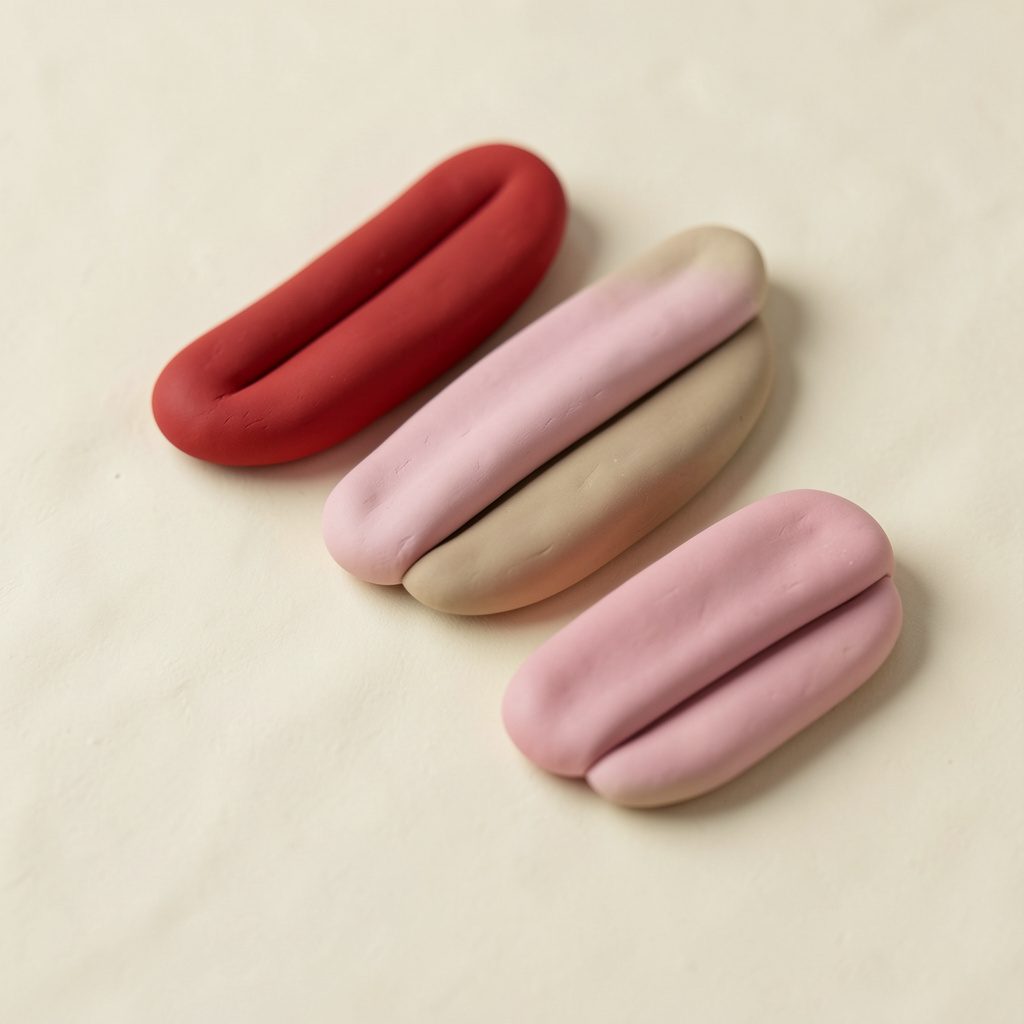 Tres barras de labios en tonos rojos y rosas sobre una superficie suave de color crema, con formas redondeadas y aspecto cremoso.