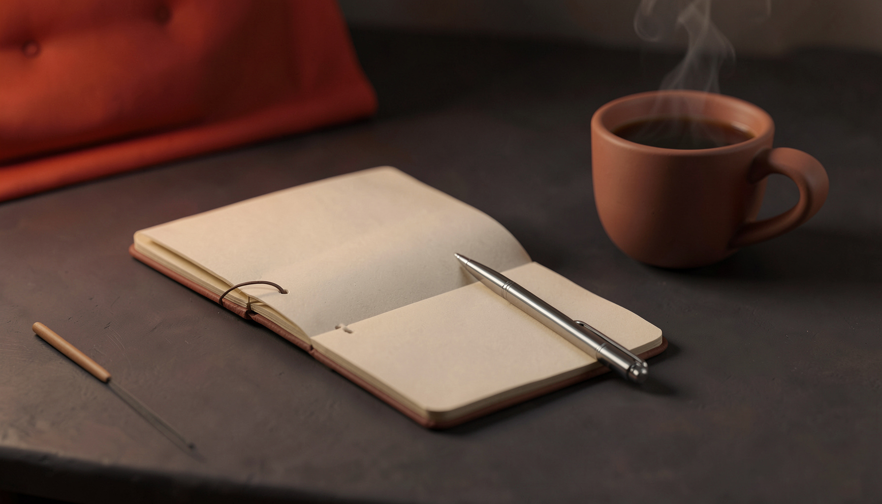 Superficie de escritorio en tonos oscuros con una libreta abierta, un bolígrafo metálico y una taza de café humeante, ambiente cálido y personal