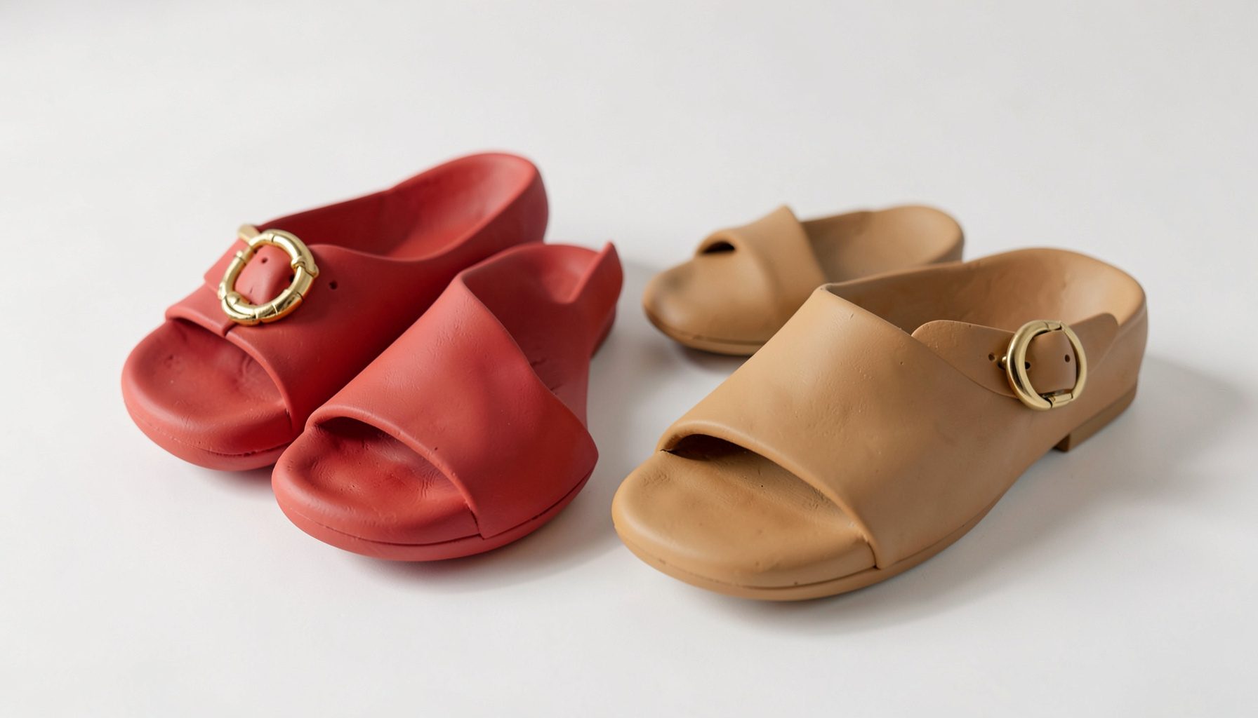 Dos pares de sandalias de verano sobre una superficie clara: unas con hebilla dorada y diseño refinado, otras con silueta minimalista y aire casual.