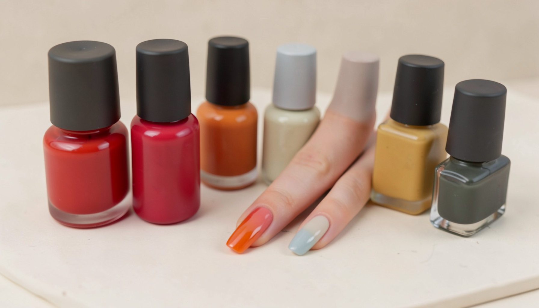 Uñas pintadas con esmalte de acabado brillante junto a varios frascos de esmalte en tonos otoñales sobre una mesa clara.