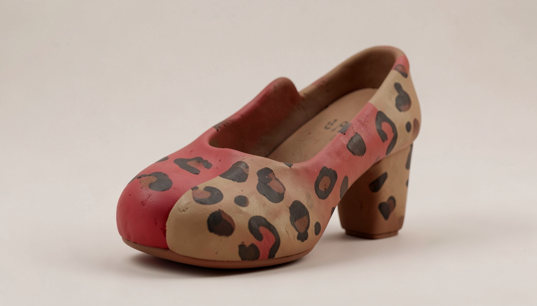 Zapatos de tacón con estampado de leopardo sobre una superficie de arcilla suave en tonos tierra, con formas redondeadas y luz cálida